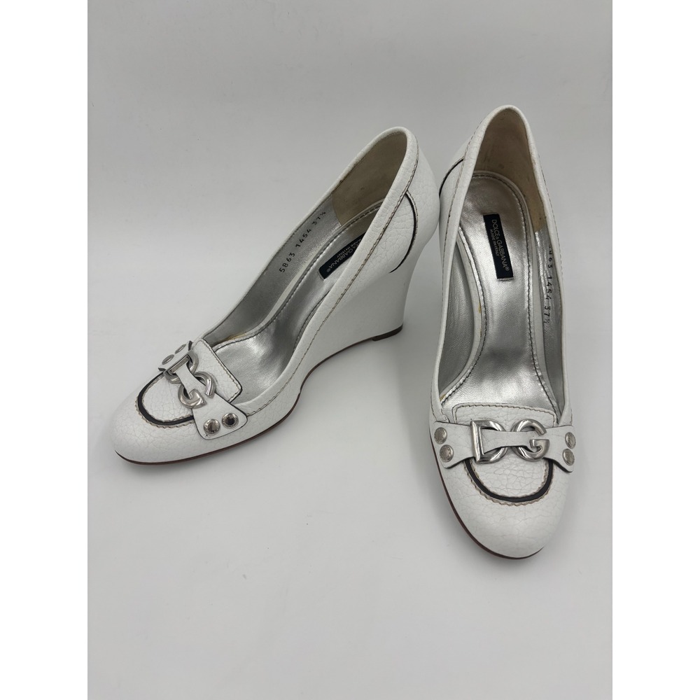 Dolce & Gabbana White Leather Wedge Pumps DG Logo Buckle Heels IT 37.5 US 7.5
